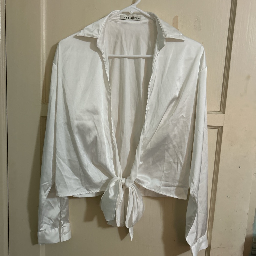 white satin blouse with front tie detail